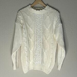 Vintage Carriage Court Cream Lace Cable Knit Sweater Medium 80 90 Scalloped Trim